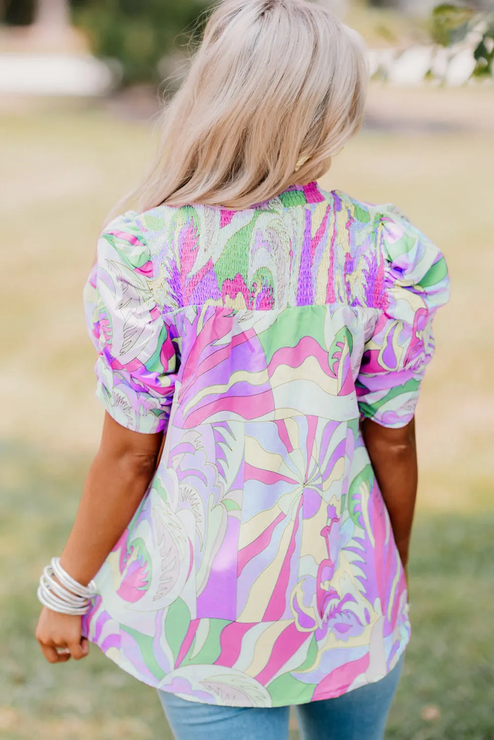 Green Abstract Print Bubble Sleeve Smock Detail Blouse