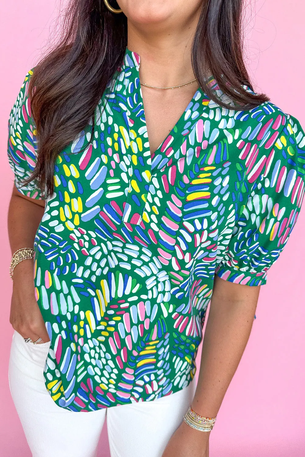 Green Brushwork Geometric Print Puff Sleeve Notched Neck Blouse
