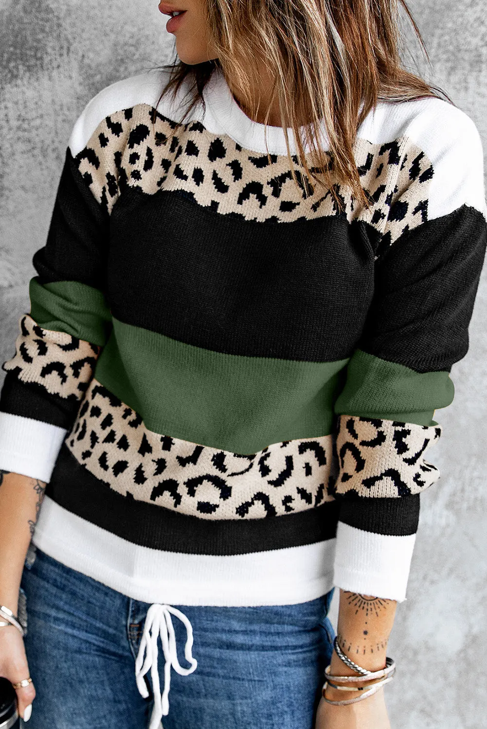 Green Crewneck Leopard Color Block Knit Pullover Sweater