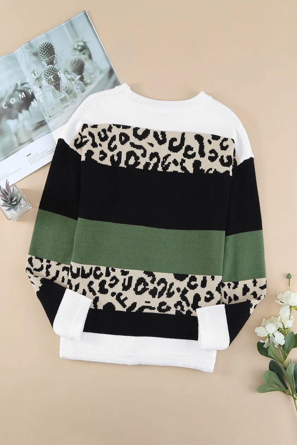 Green Crewneck Leopard Color Block Knit Pullover Sweater