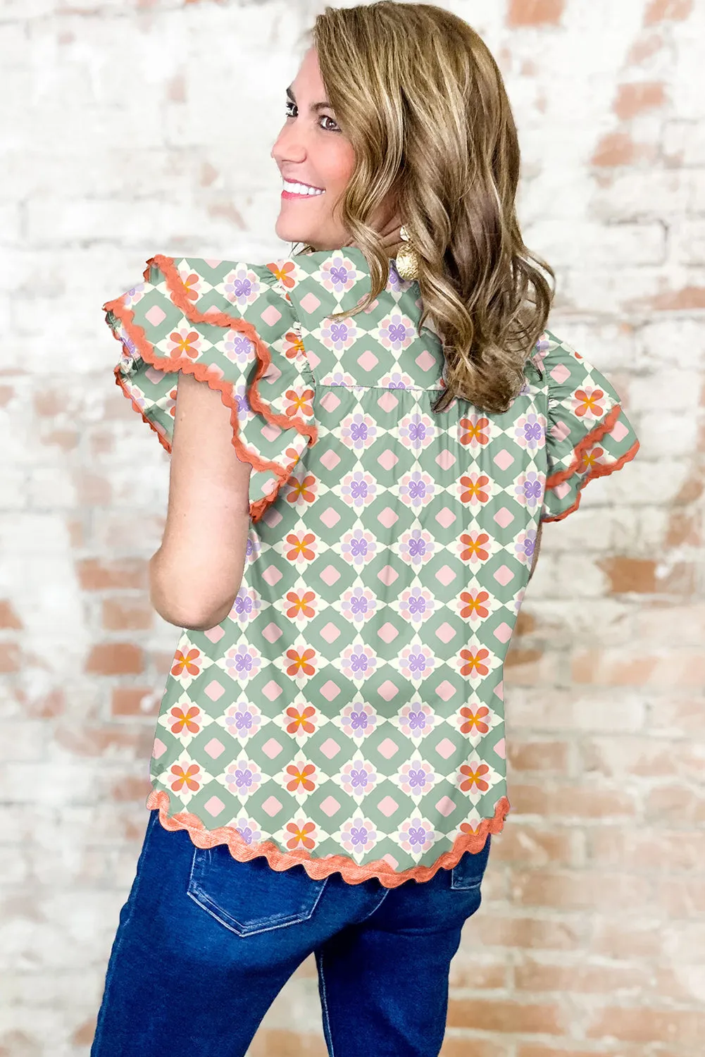 Green Geometric Floral Print Layered Flutter Sleeve V Neck Ric Rac Trim Blouse