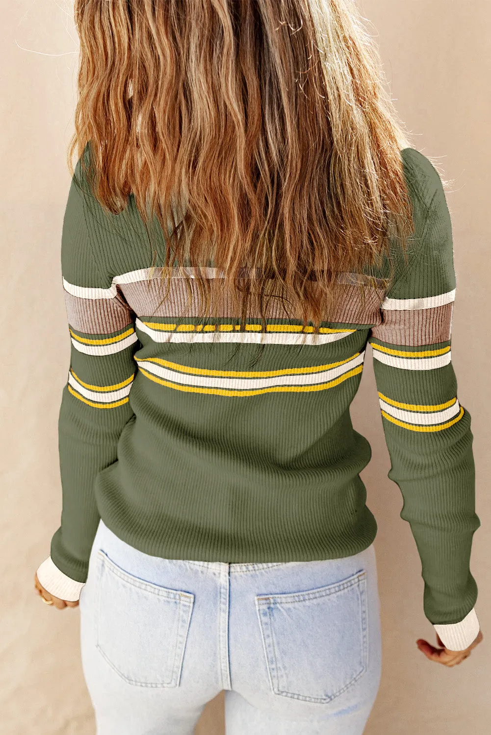 Green White Rib Knitted Stripe Detail Henley Sweater