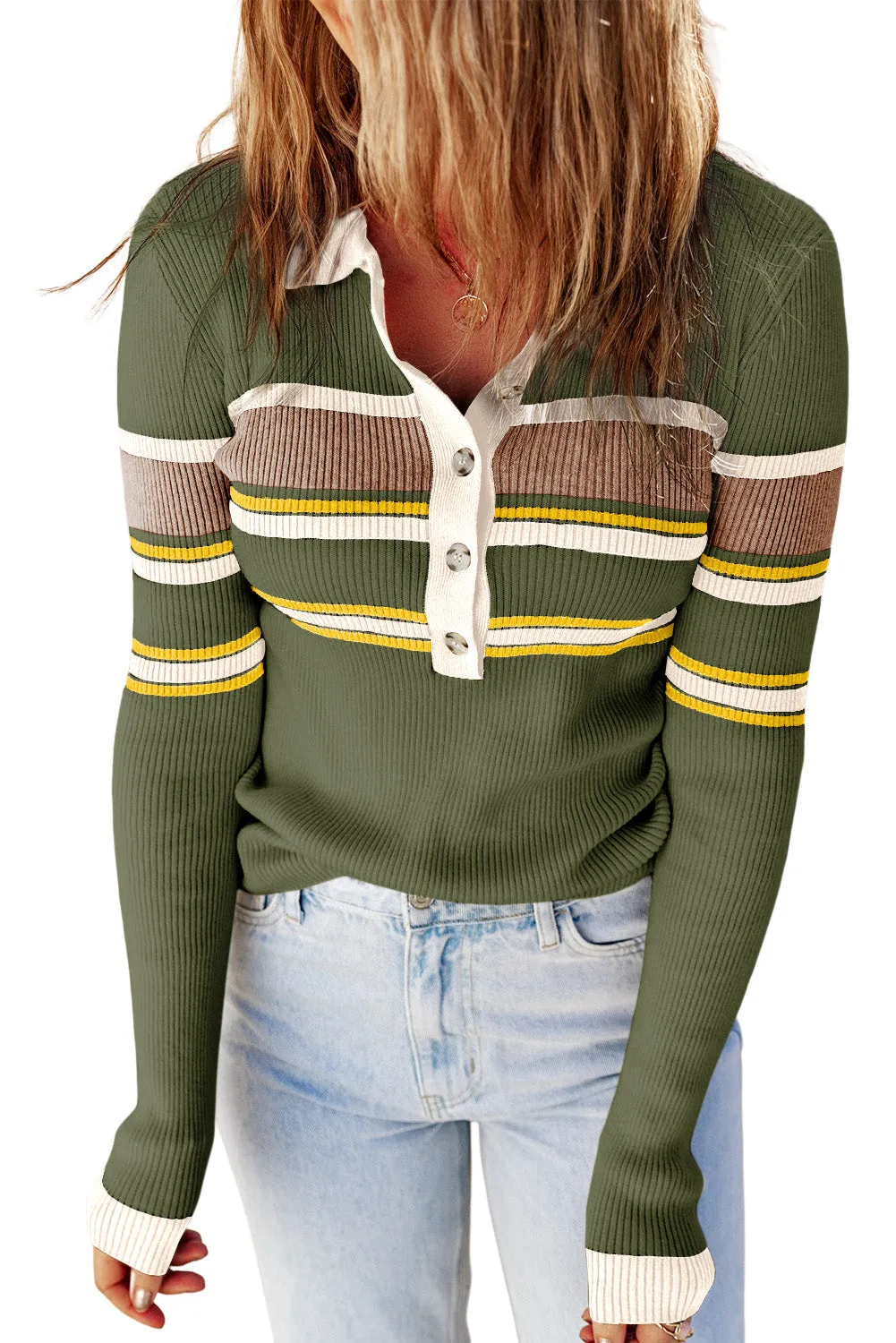 Green White Rib Knitted Stripe Detail Henley Sweater