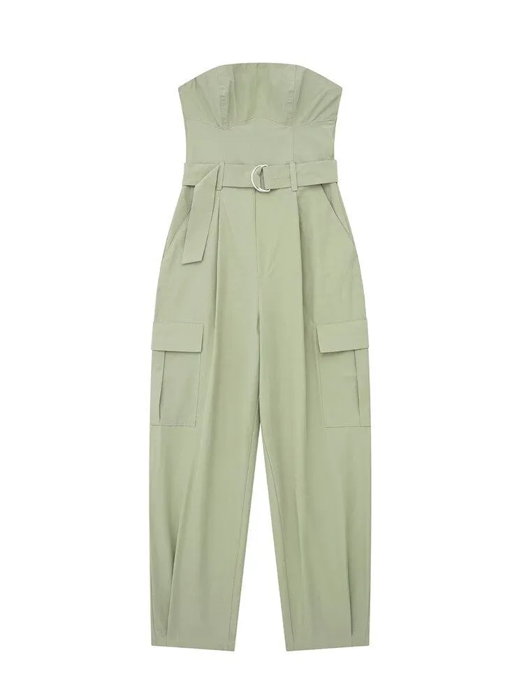 Grüner Strapless Cargo Jumpsuit