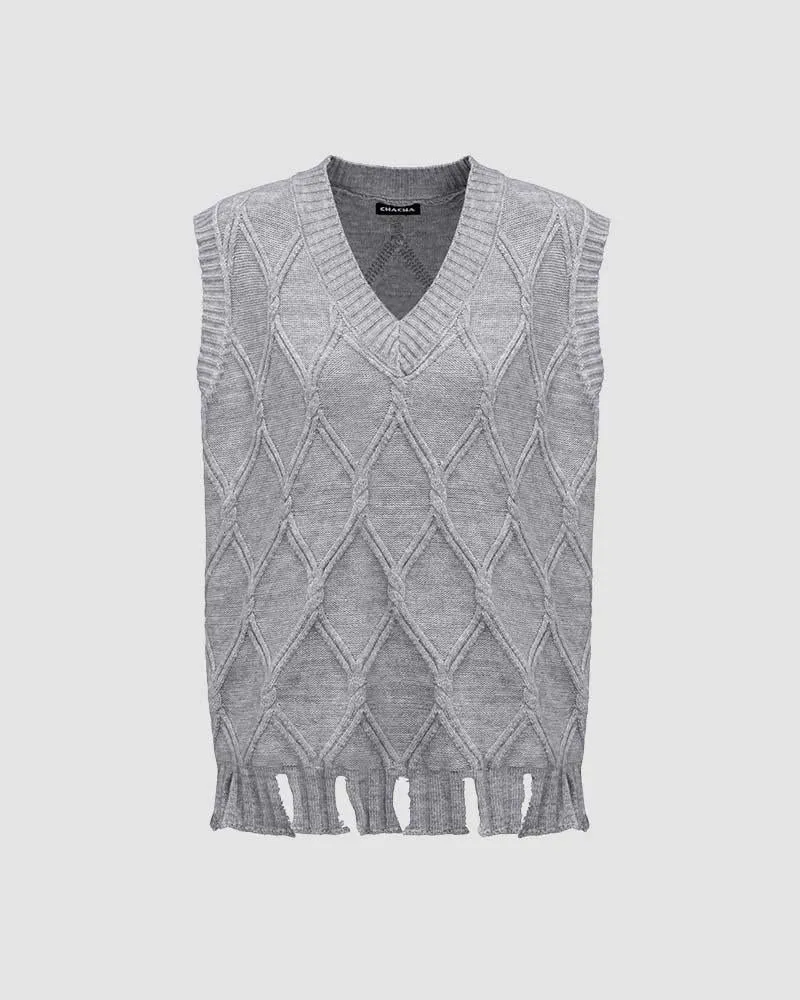 Hallow Eyes Cable Knit Distressed Sweater Vest