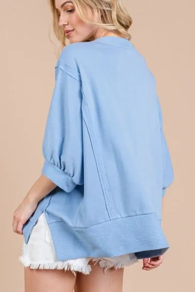 Hazel Blues® |  Ces Femme Side Slit Drop Shoulder Puff Sleeve Top
