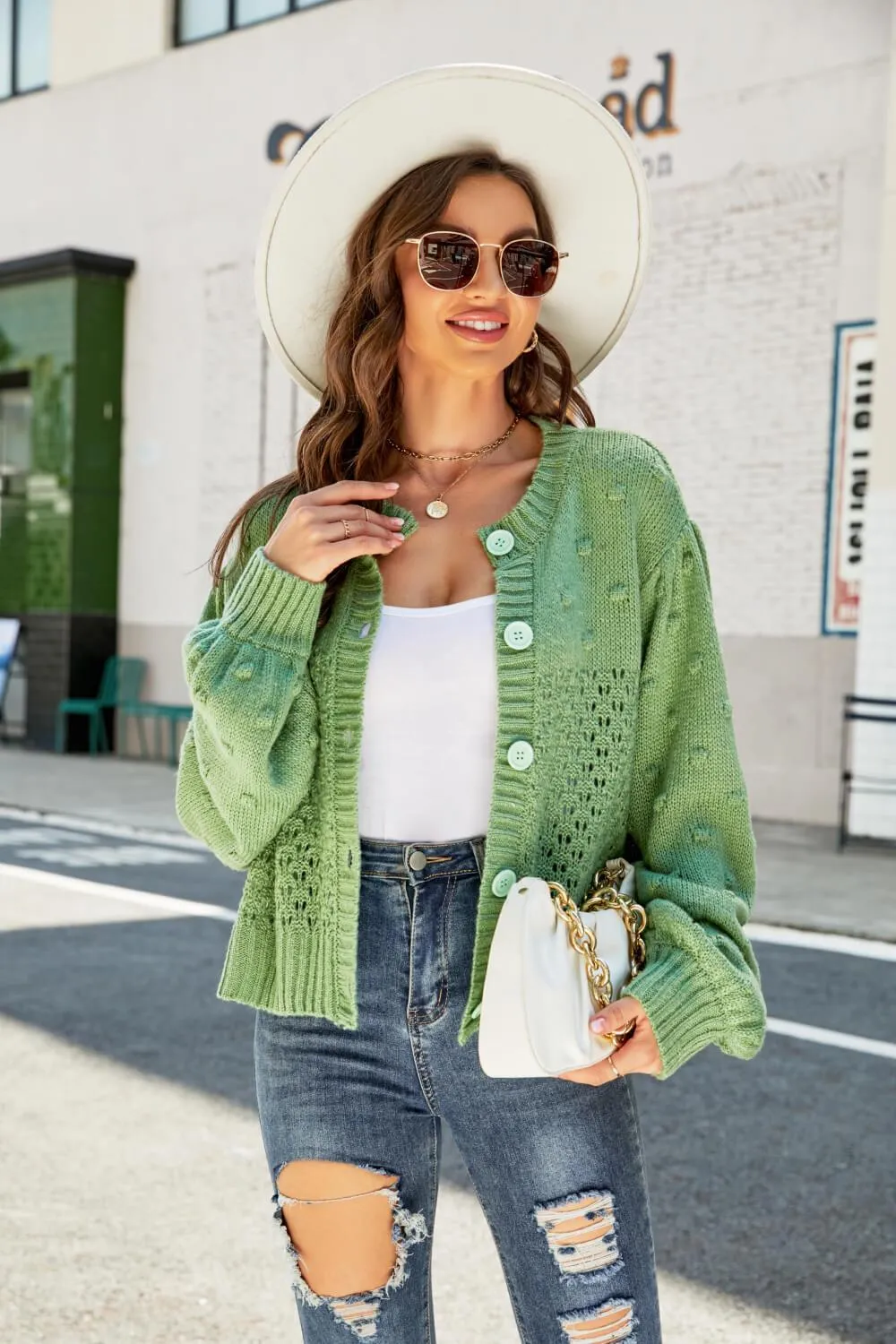 Hazel Blues® | Openwork Pompom Puff Sleeve Cardigan
