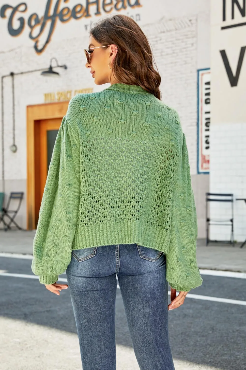 Hazel Blues® | Openwork Pompom Puff Sleeve Cardigan