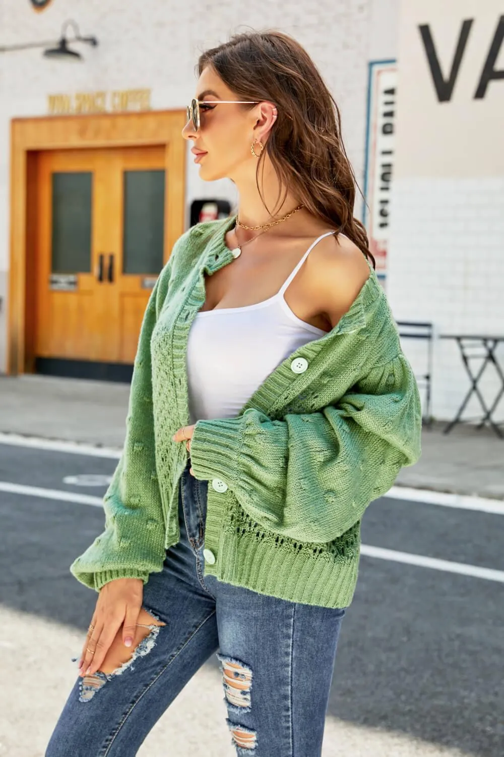 Hazel Blues® | Openwork Pompom Puff Sleeve Cardigan