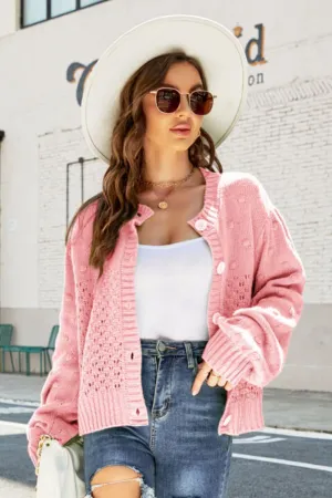 Hazel Blues® | Openwork Pompom Puff Sleeve Cardigan