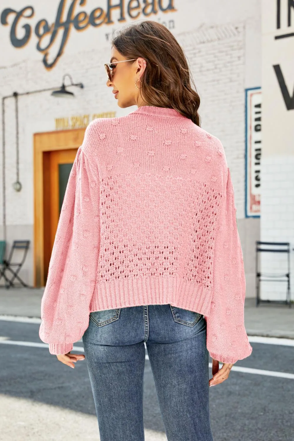 Hazel Blues® | Openwork Pompom Puff Sleeve Cardigan