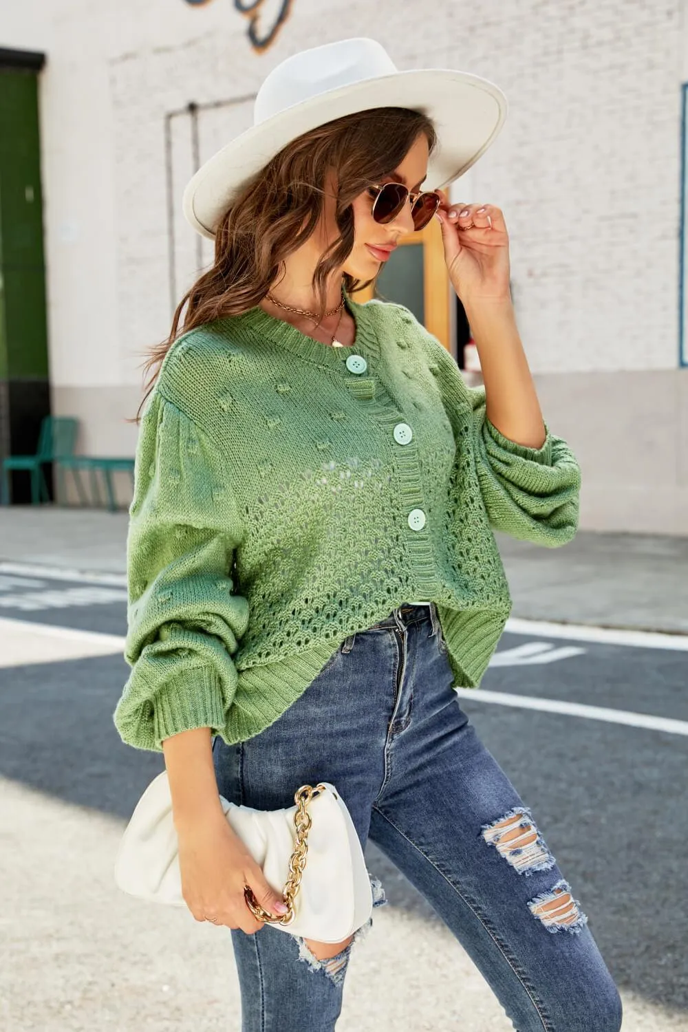 Hazel Blues® | Openwork Pompom Puff Sleeve Cardigan