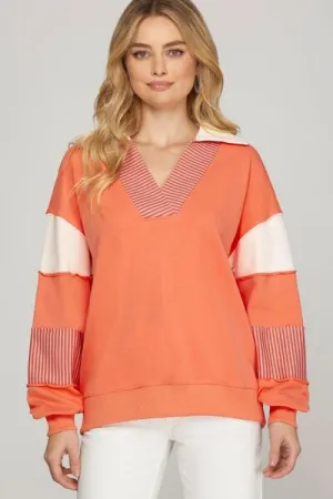 Hazel Blues® | She   Sky Color Block Sleeve Johnny Collar French Terry Sweatshirt