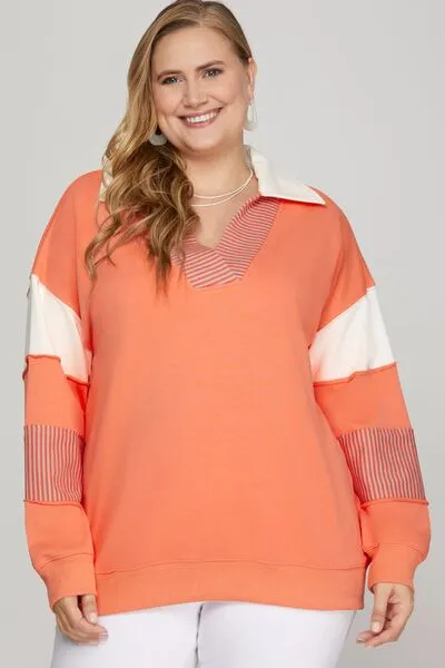Hazel Blues® | She   Sky Color Block Sleeve Johnny Collar French Terry Sweatshirt