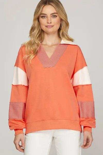 Hazel Blues® | She   Sky Color Block Sleeve Johnny Collar French Terry Sweatshirt