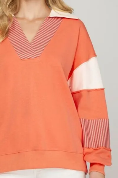 Hazel Blues® | She   Sky Color Block Sleeve Johnny Collar French Terry Sweatshirt