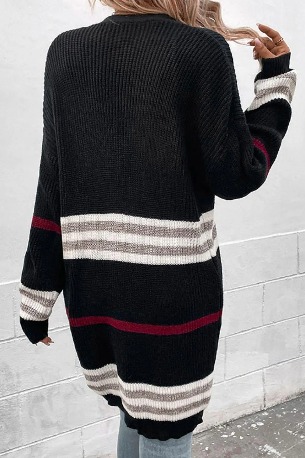 Hazel Blues® | Striped Rib-Knit Drop Shoulder Open Front Cardigan