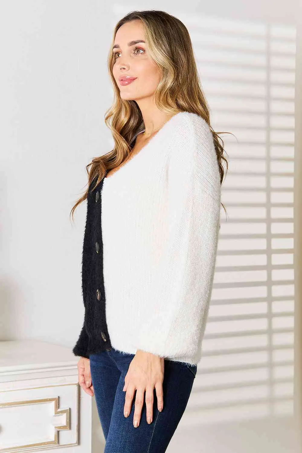 Hazel Blues® |  Woven Right Contrast Button-Front V-Neck Cardigan