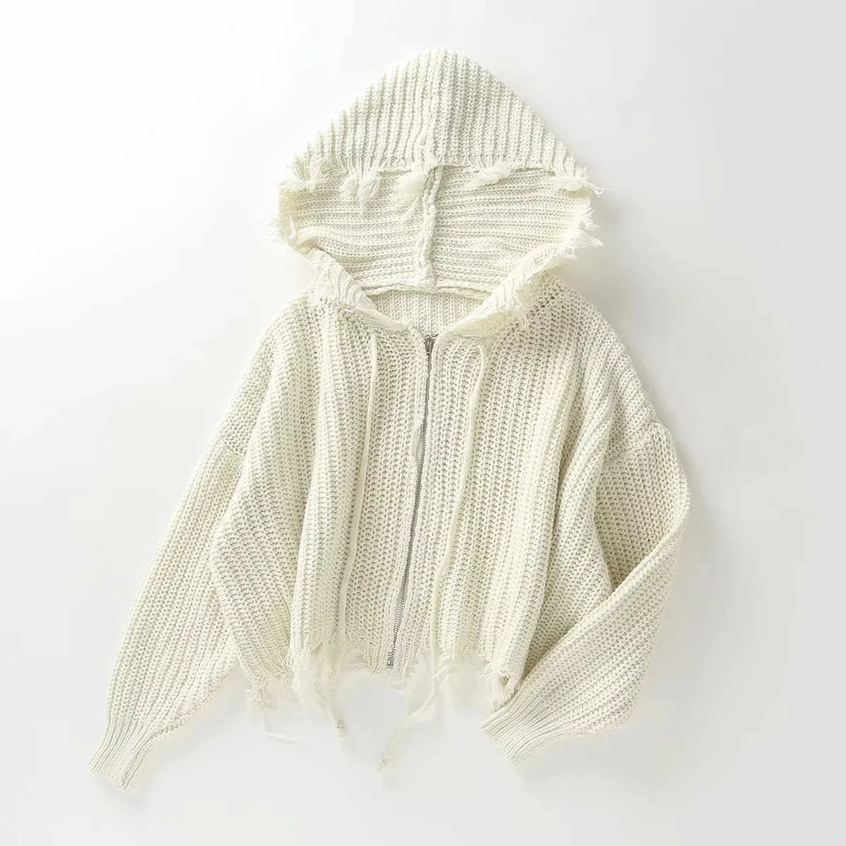 Hooded Batwing Sleeve Tassel Sweater Zipper Knitting Cardigan Black