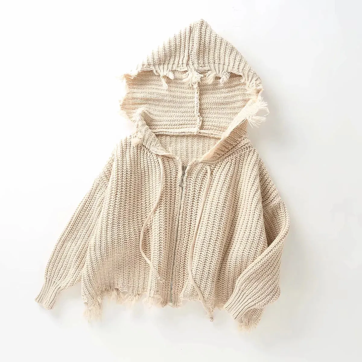 Hooded Batwing Sleeve Tassel Sweater Zipper Knitting Cardigan Black