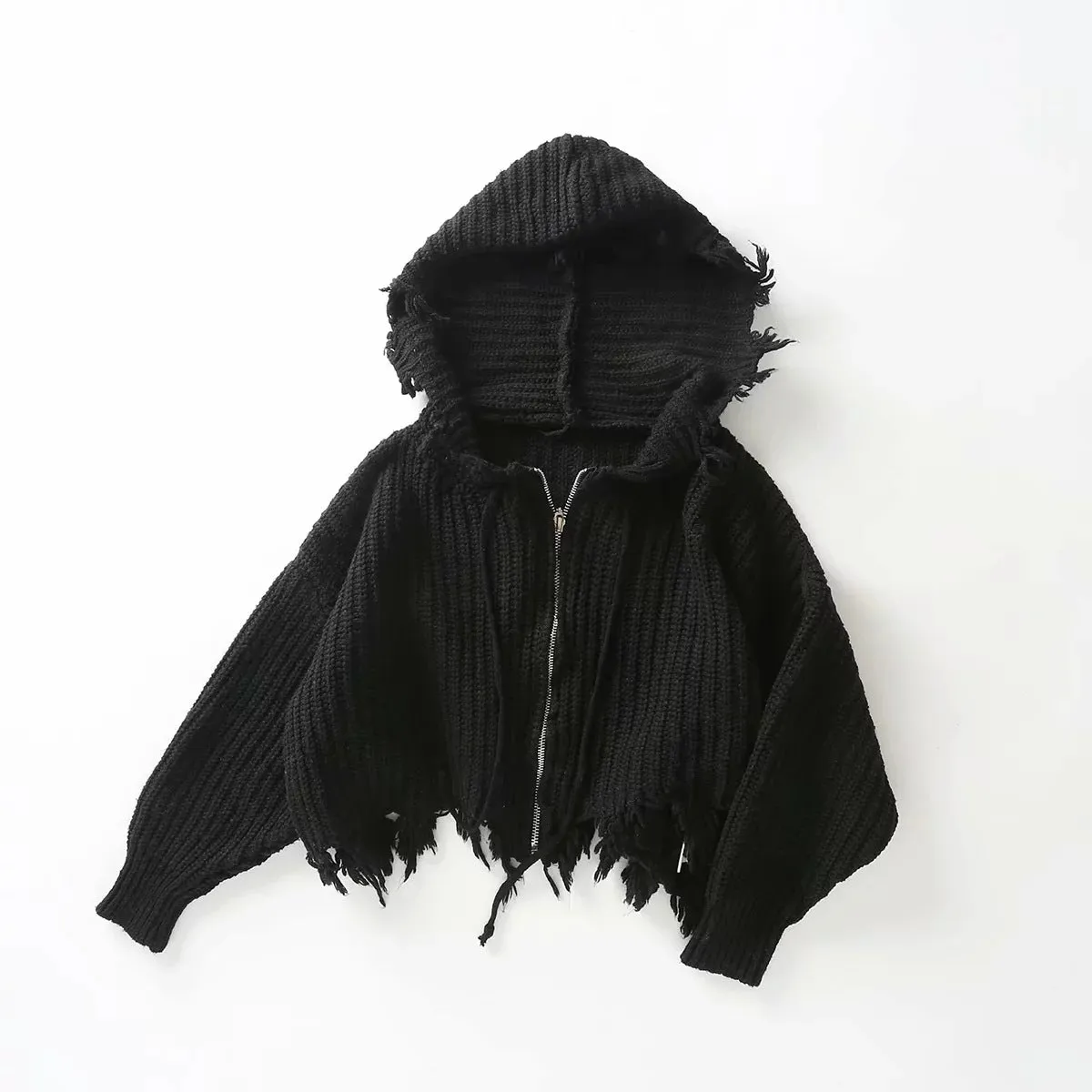 Hooded Batwing Sleeve Tassel Sweater Zipper Knitting Cardigan Black