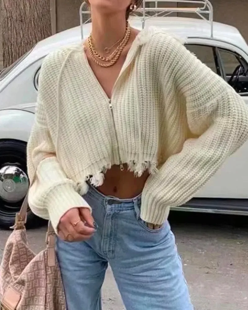 Hooded Batwing Sleeve Tassel Sweater Zipper Knitting Cardigan Black