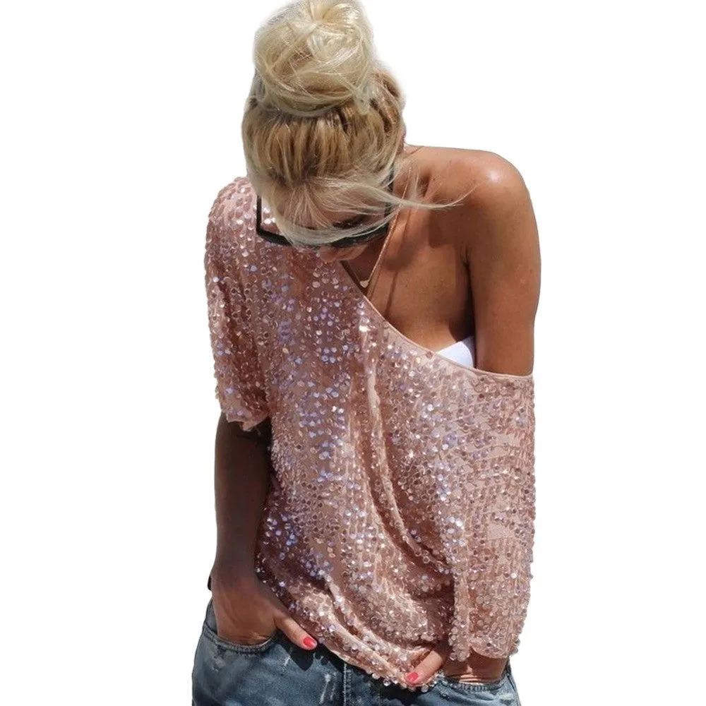 HOT Fashion Women Loose Off Shoulder Sequin Glitter Blouses Casual Shirts Vintage Streetwear Party Tops Z2