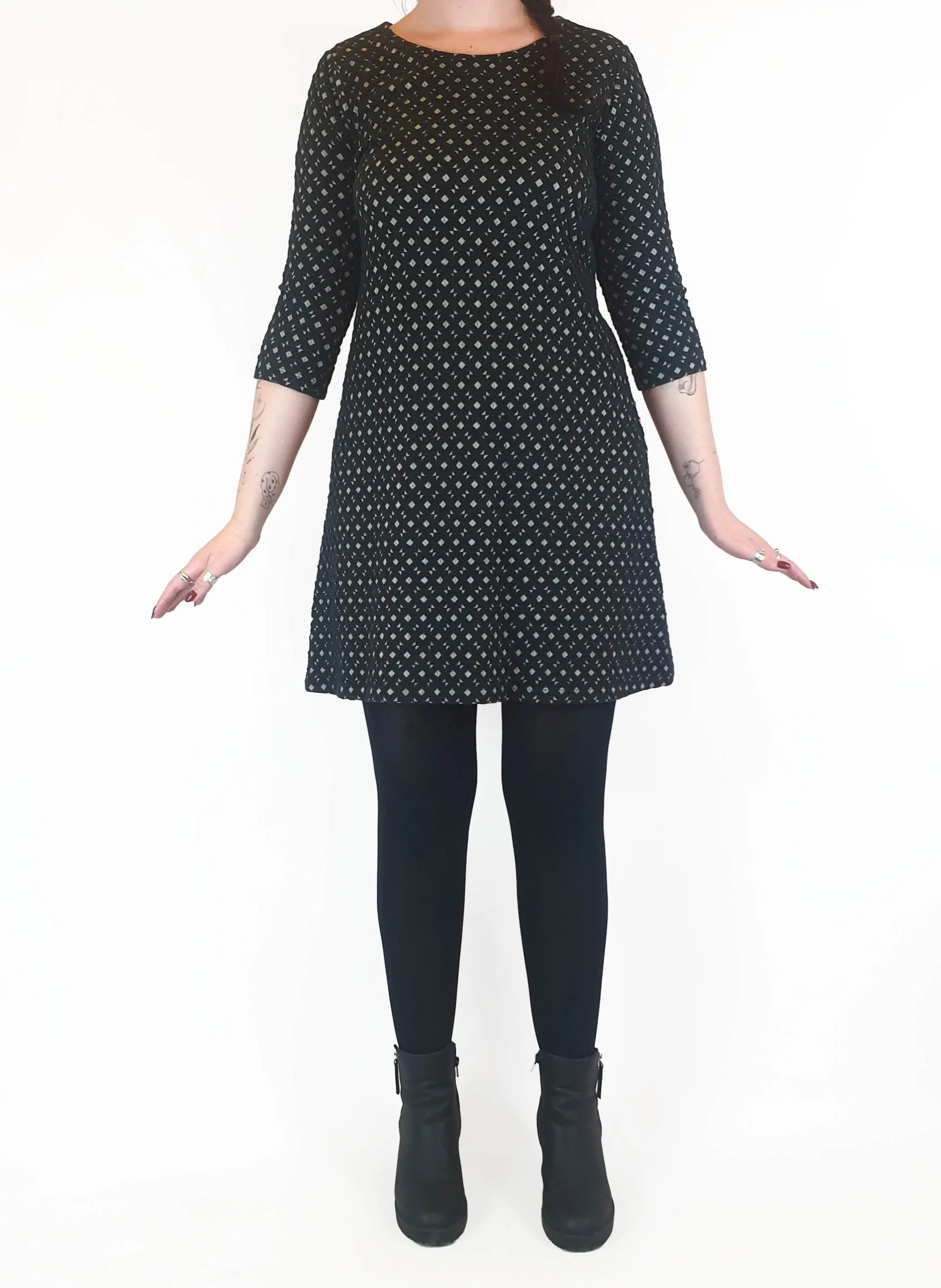 Indigo black long sleeve thick cotton mix fabric with white detail size 12