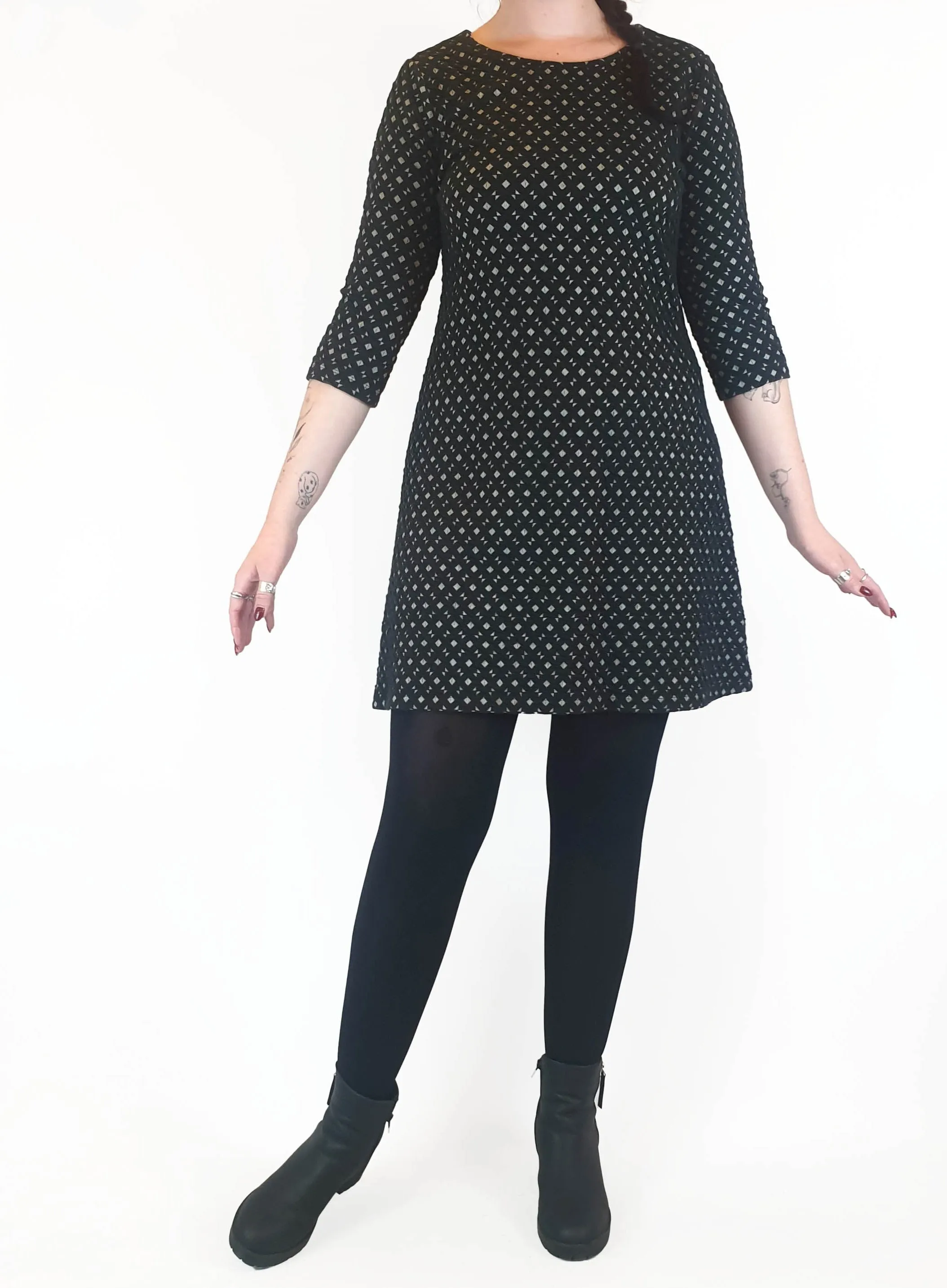 Indigo black long sleeve thick cotton mix fabric with white detail size 12