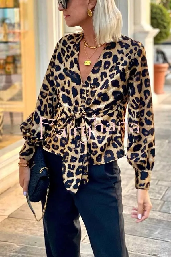 Janae Leopard Print Front Tie-up Lantern Sleeve Casual Blouse