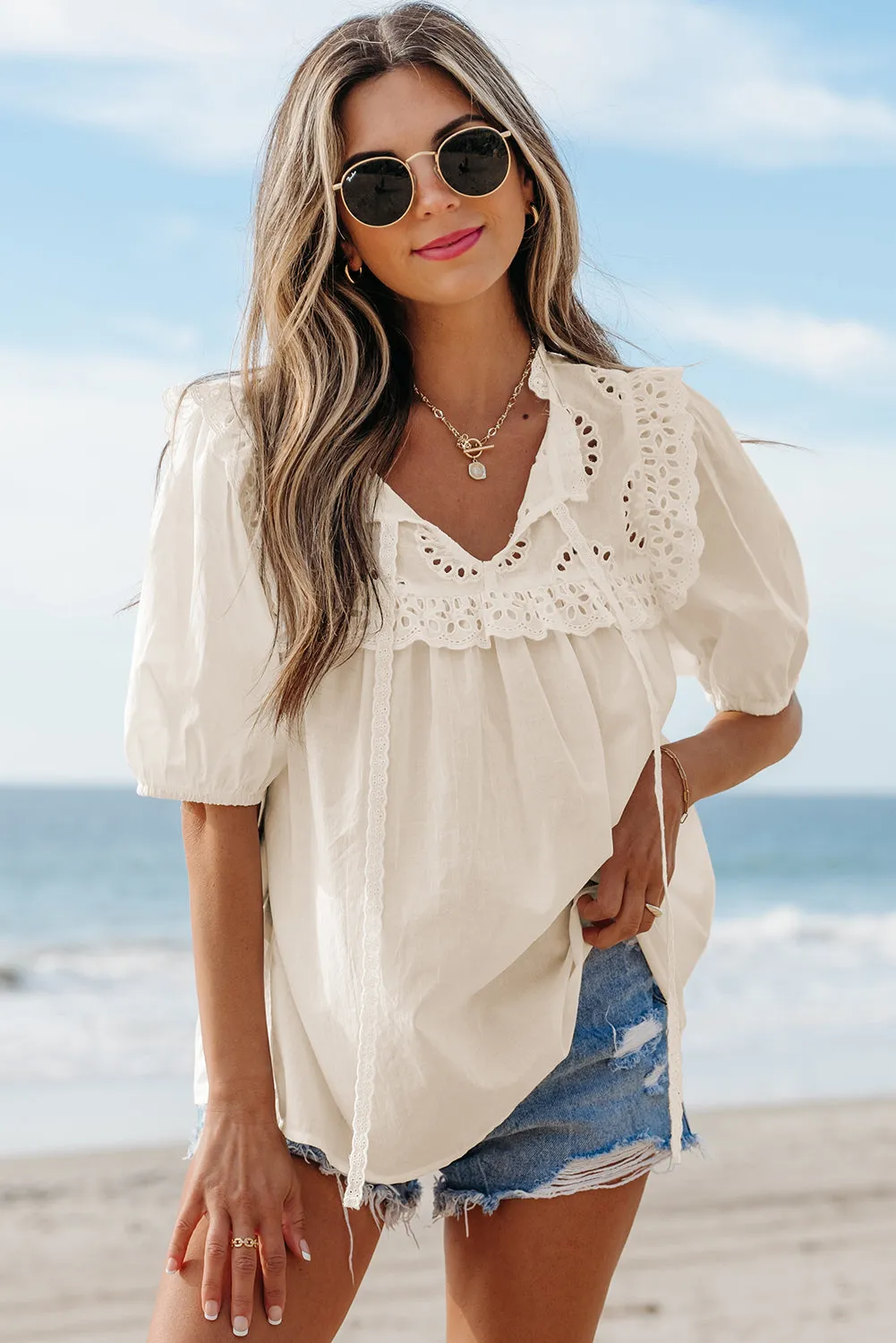 Jet Stream Embroidered Lace Patchwork Tie Neck Puff Short Sleeve Blouse