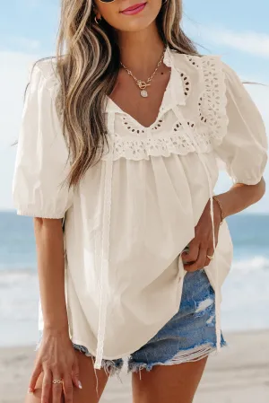 Jet Stream Embroidered Lace Patchwork Tie Neck Puff Short Sleeve Blouse