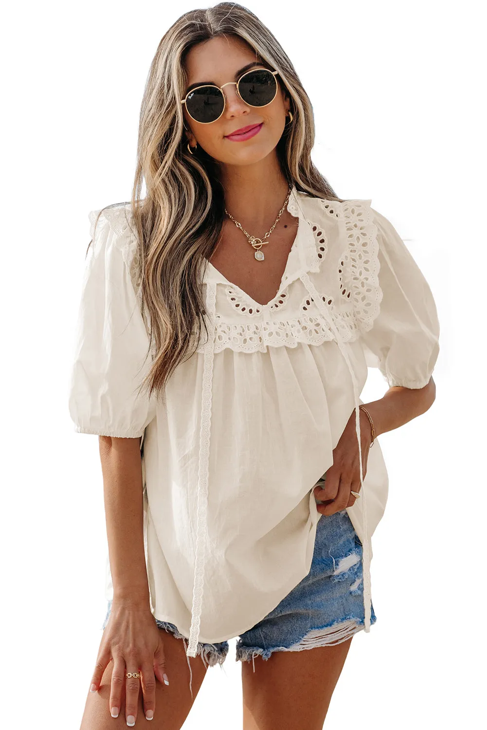 Jet Stream Embroidered Lace Patchwork Tie Neck Puff Short Sleeve Blouse