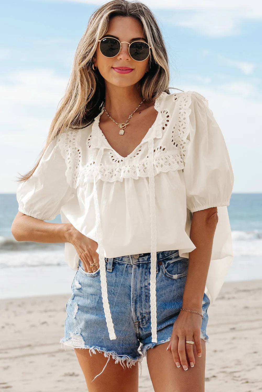 Jet Stream Embroidered Lace Patchwork Tie Neck Puff Short Sleeve Blouse