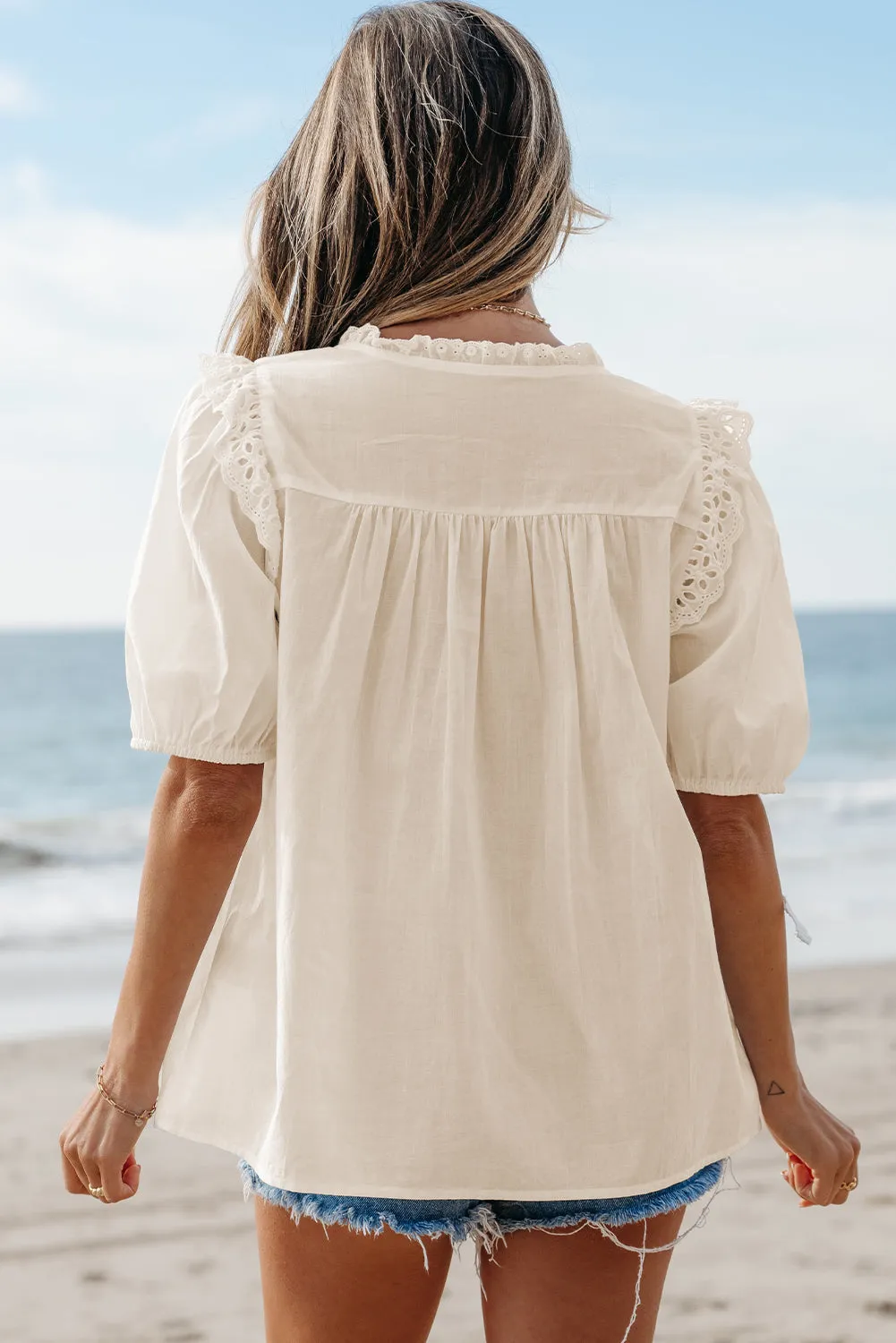 Jet Stream Embroidered Lace Patchwork Tie Neck Puff Short Sleeve Blouse