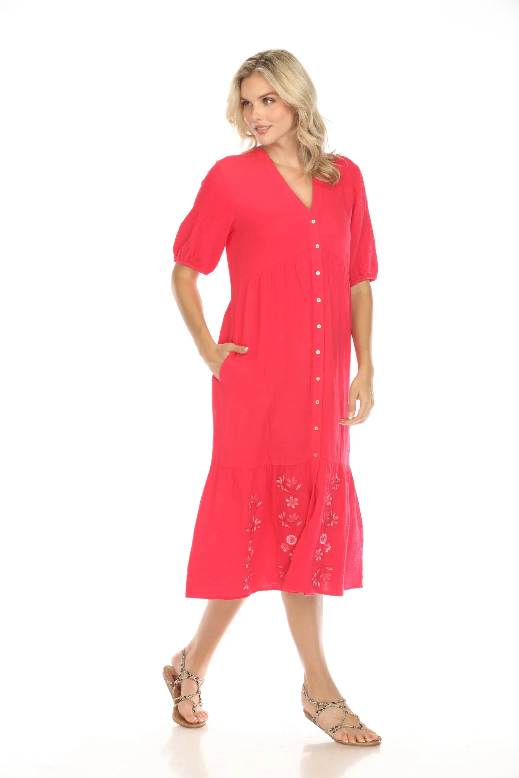 Johnny Was Calme Pink Puff Sleeve Tiered Midi Dress O31114 Boho Chic