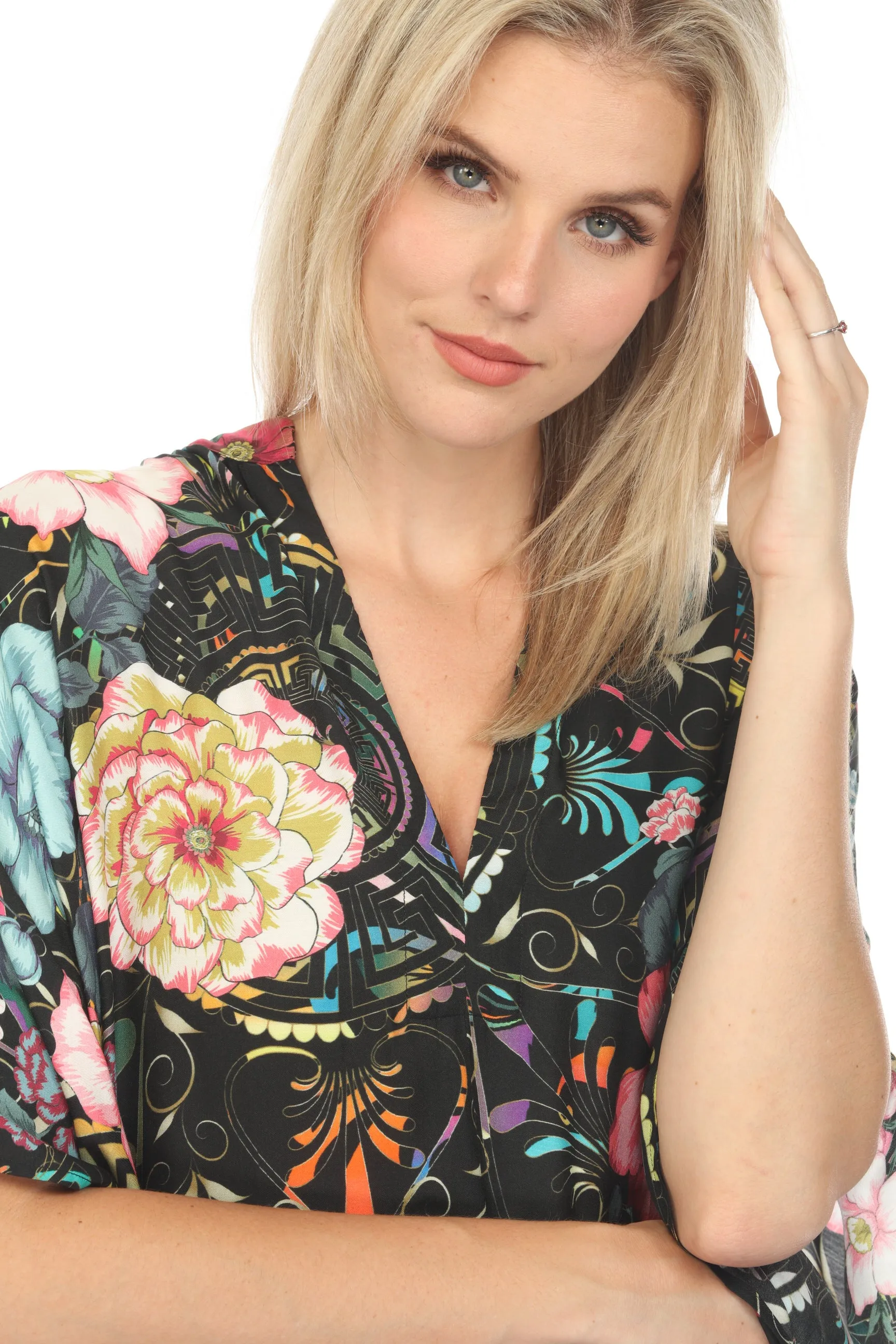 Johnny Was Floral Peace Swim Cover Up Long Kaftan Dress Boho Chic CSW7322BN