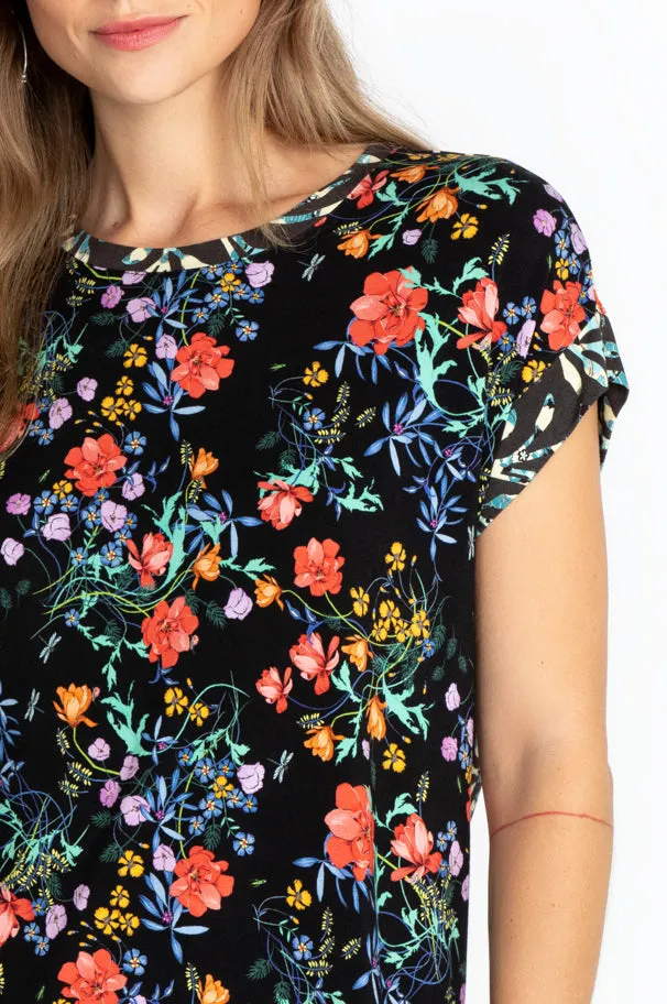 Johnny Was Kashim Relaxed Floral Short Top Floral Tee Black Shirt Medium New