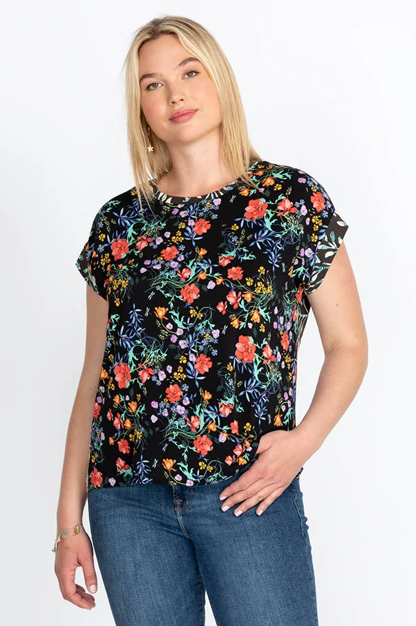Johnny Was Kashim Relaxed Floral Short Top Floral Tee Black Shirt Medium New