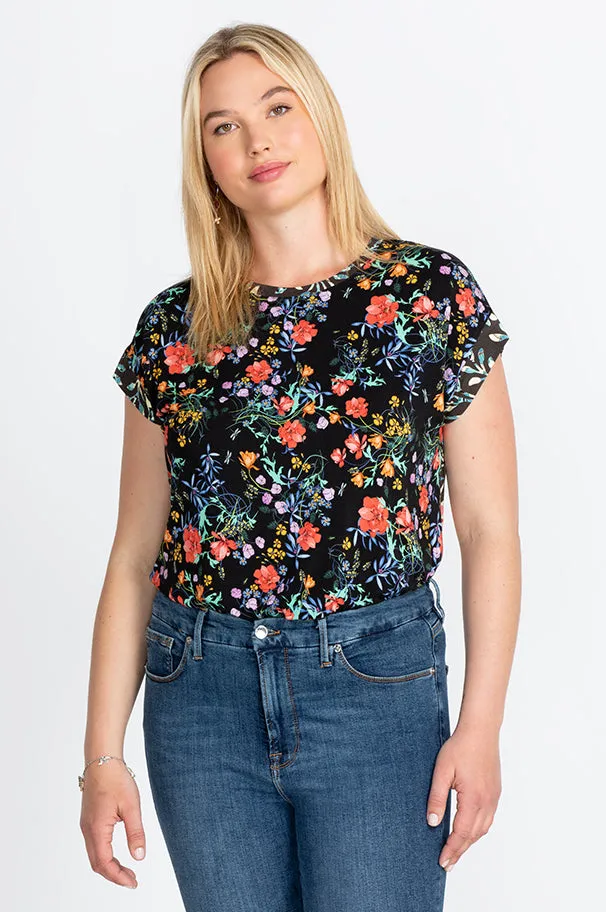 Johnny Was Kashim Relaxed Floral Short Top Floral Tee Black Shirt Medium New