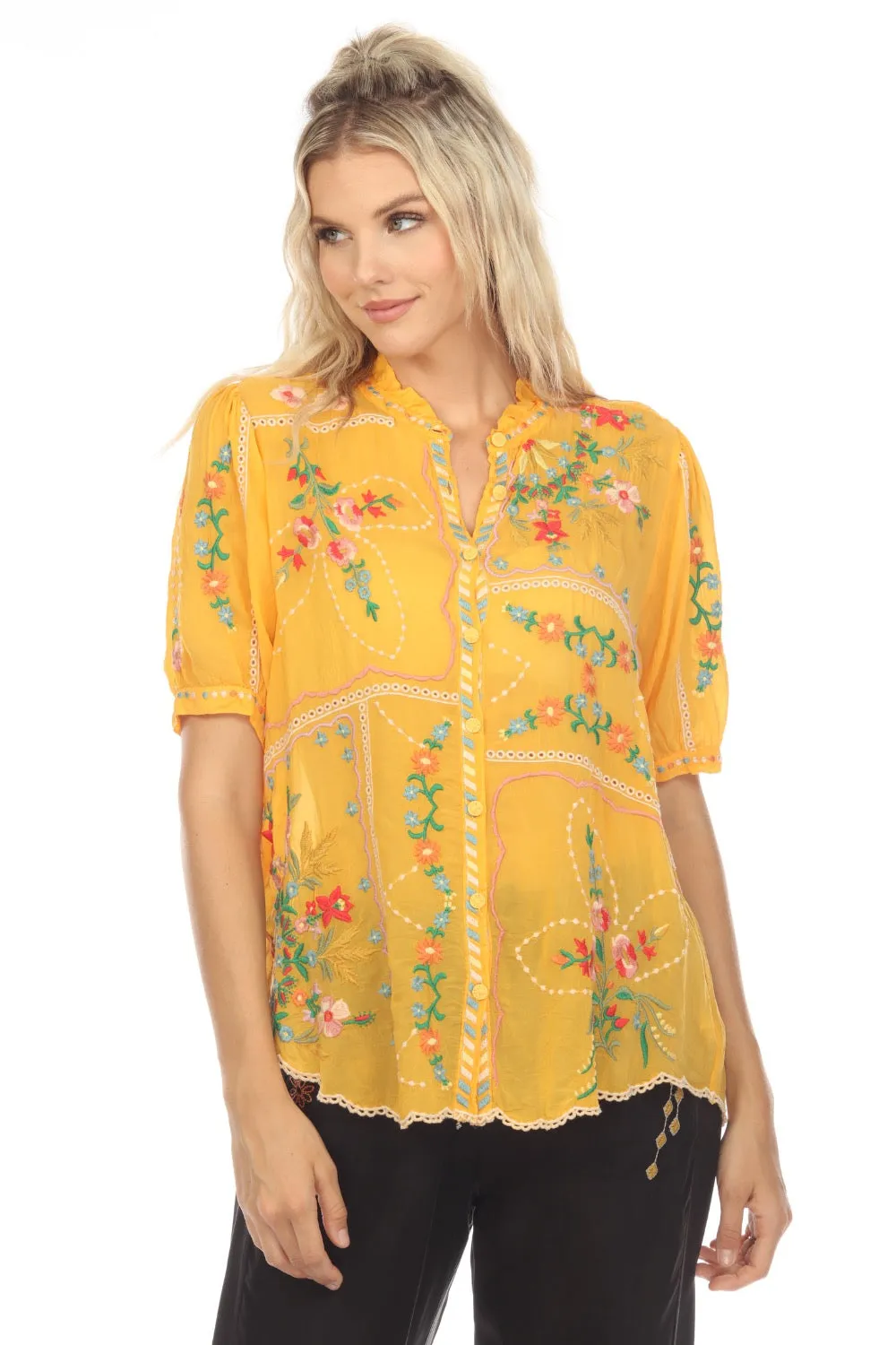 Johnny Was Mircea Embroidered Short Sleeve Blouse Boho Chic C11923