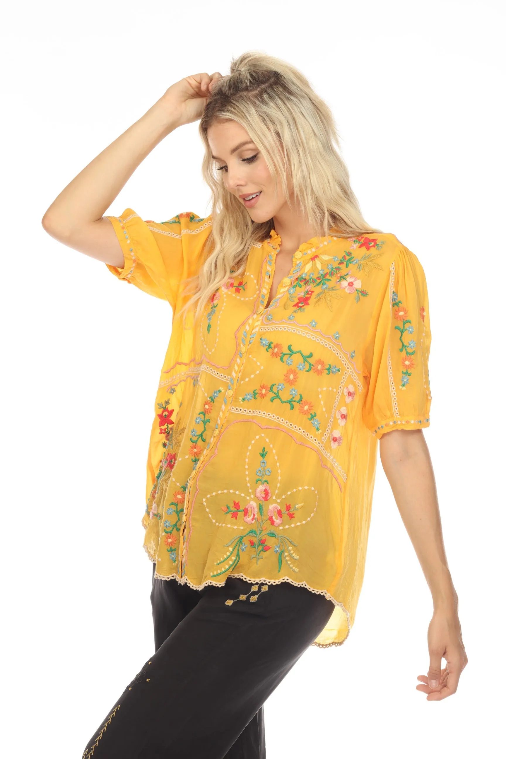 Johnny Was Mircea Embroidered Short Sleeve Blouse Boho Chic C11923