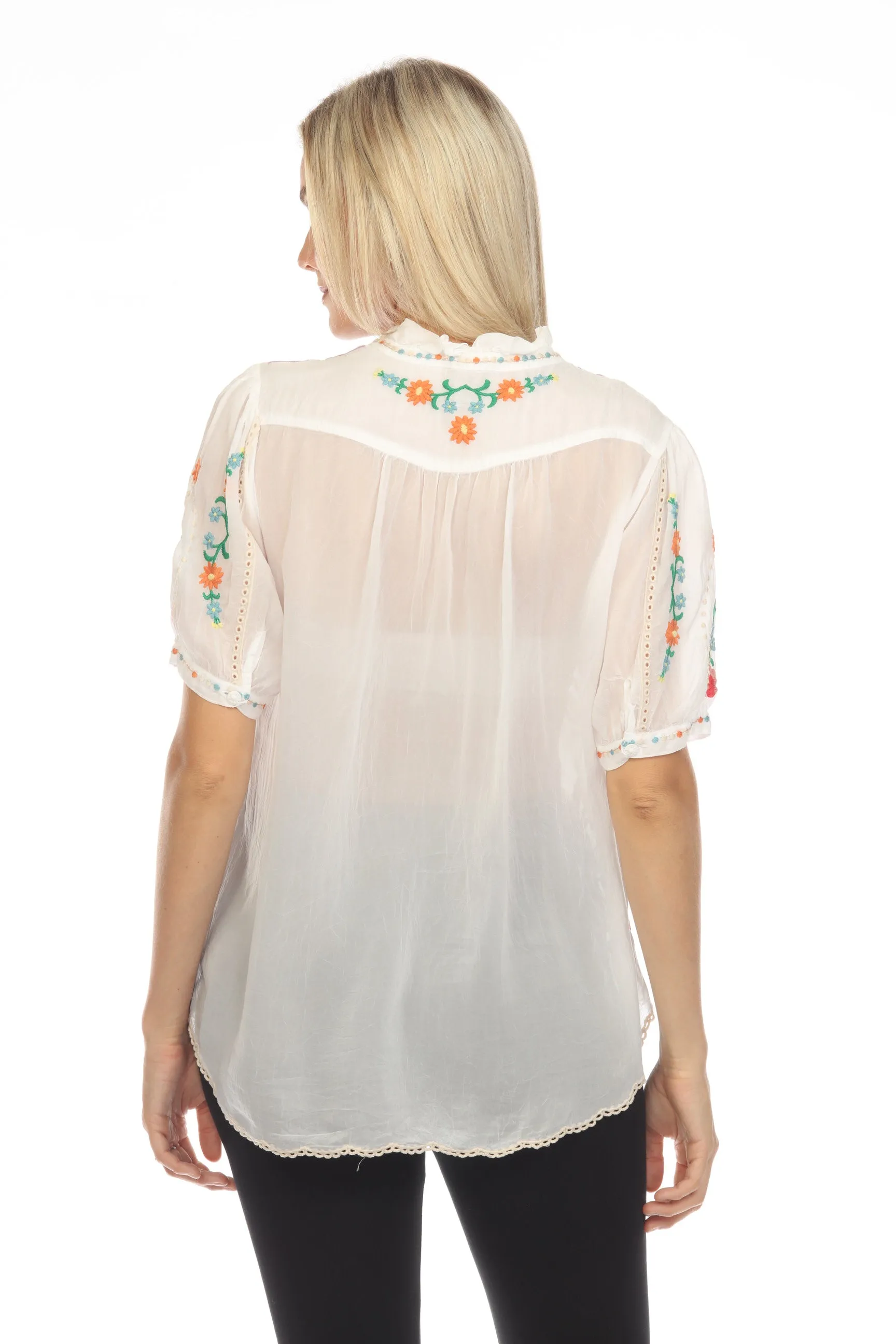 Johnny Was Mircea Embroidered Short Sleeve Blouse Boho Chic C11923
