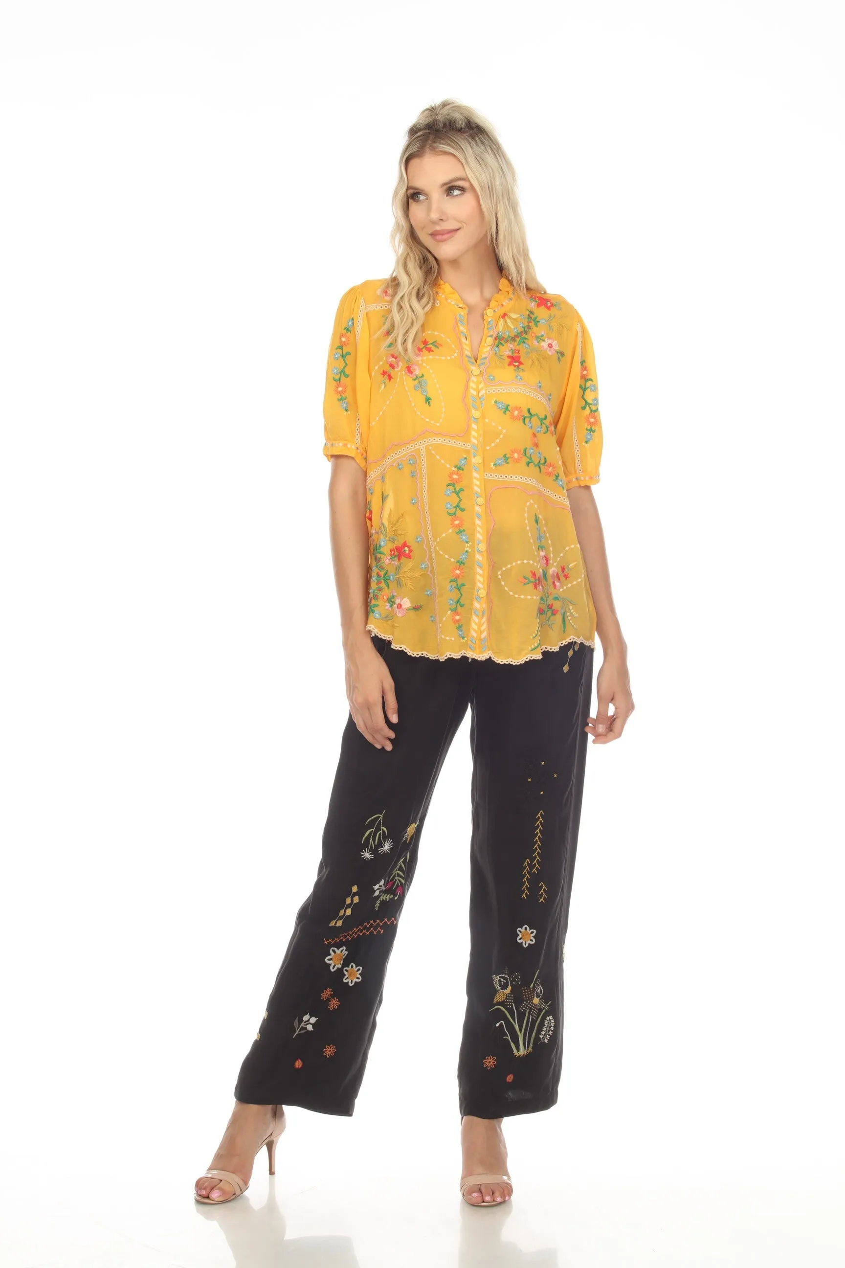 Johnny Was Mircea Embroidered Short Sleeve Blouse Boho Chic C11923