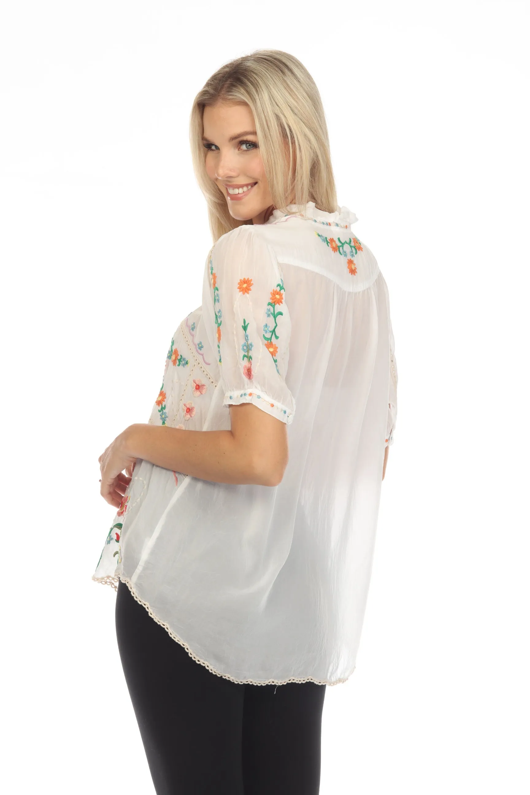 Johnny Was Mircea Embroidered Short Sleeve Blouse Boho Chic C11923