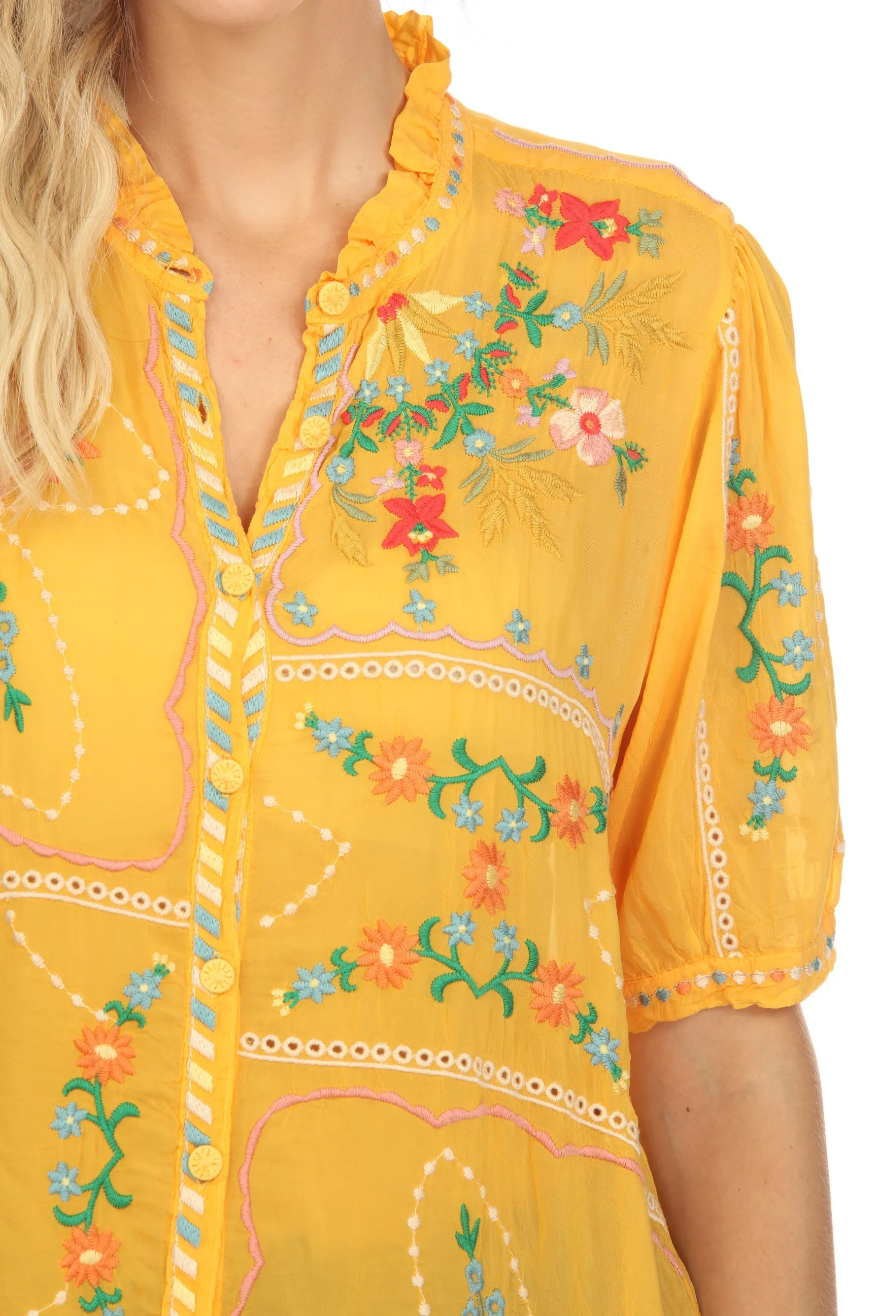 Johnny Was Mircea Embroidered Short Sleeve Blouse Boho Chic C11923