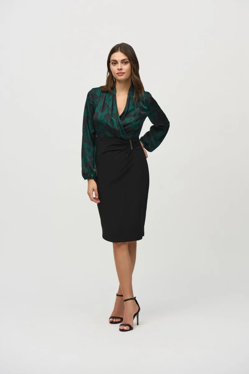 Joseph Ribkoff Absolute Green/Black Paisley Faux Wrap Sheath Dress 244128