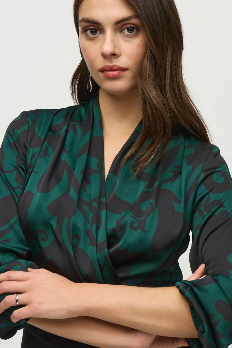 Joseph Ribkoff Absolute Green/Black Paisley Faux Wrap Sheath Dress 244128
