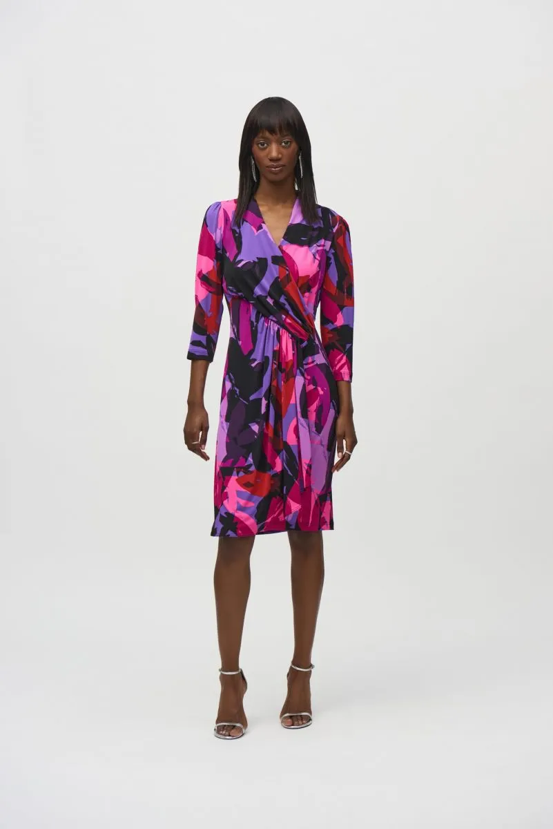 Joseph Ribkoff Black/Multi Abstract Print Faux Wrap Sheath Dress 244237