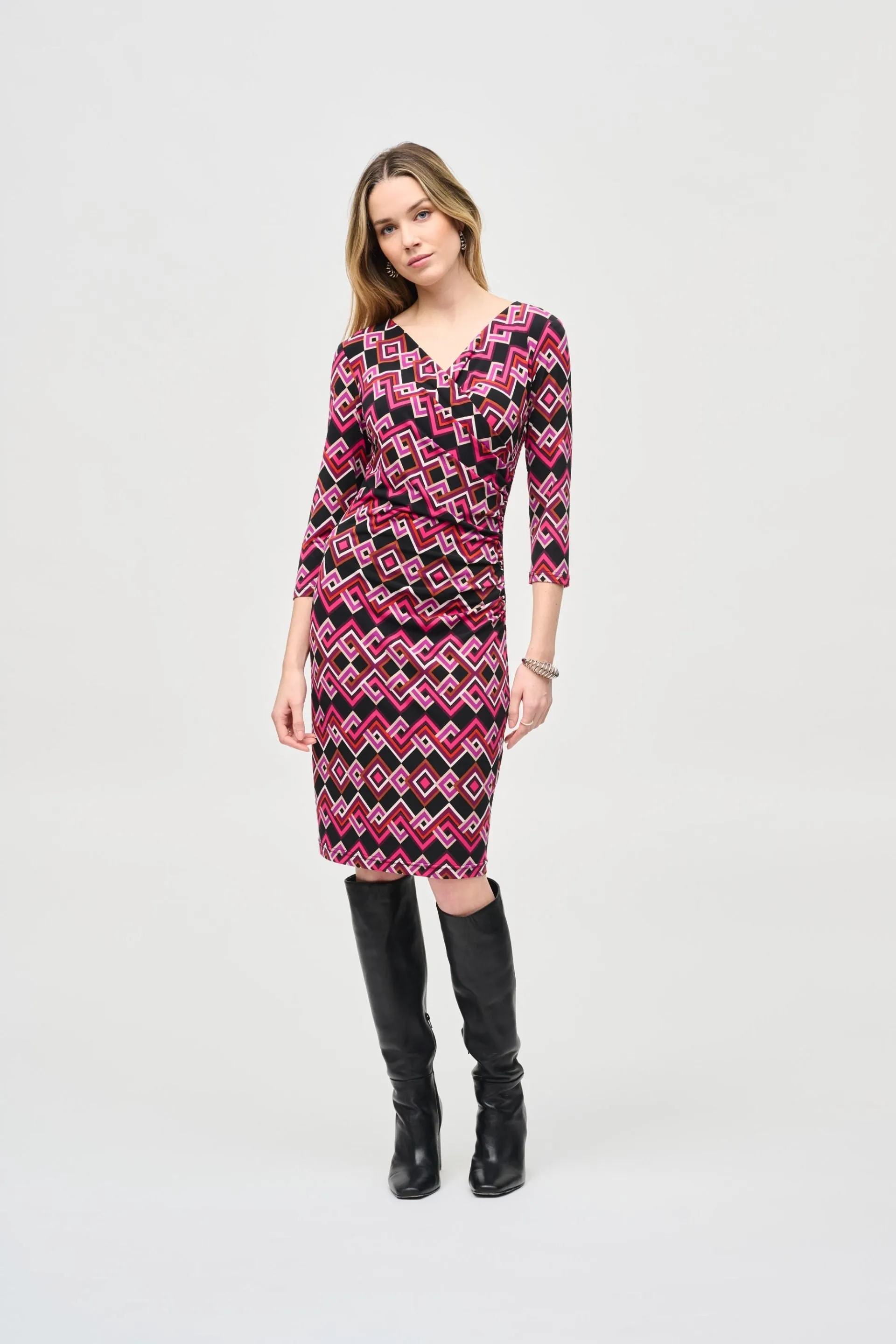 Joseph Ribkoff Black/Multi Geometric Faux Wrap Sheath Dress 243323